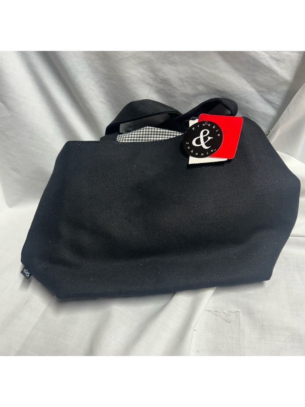 Vintage NWT Frankie & Johnnie Black Canvas Tote Purse Gingham Interior Tie Close
